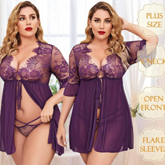 Women Other - Sexy Lingerie Eyelash Lace Babydoll Deep V Mesh Sheer Chemise Christmas